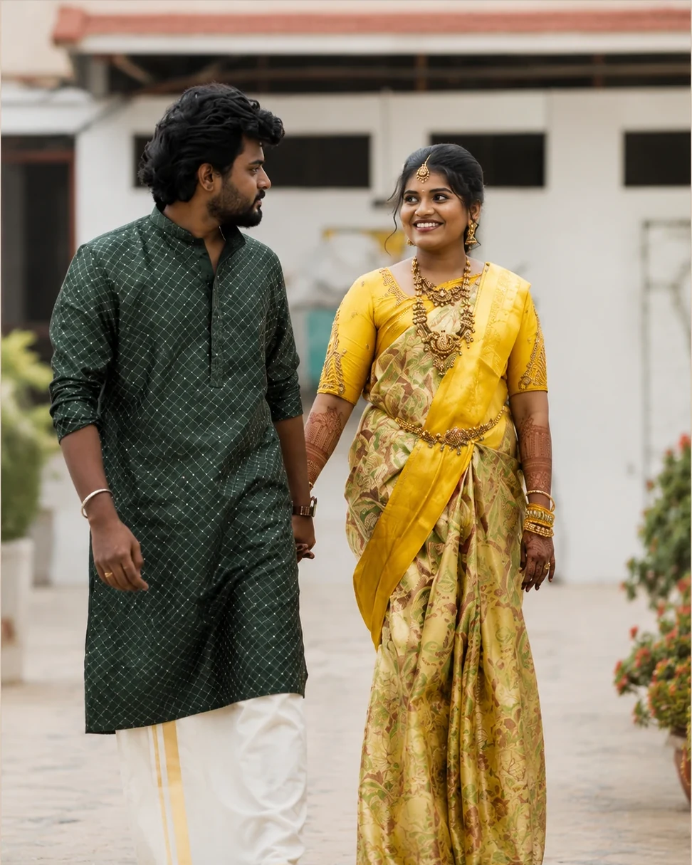 Engagement couple walking together in traditional attire