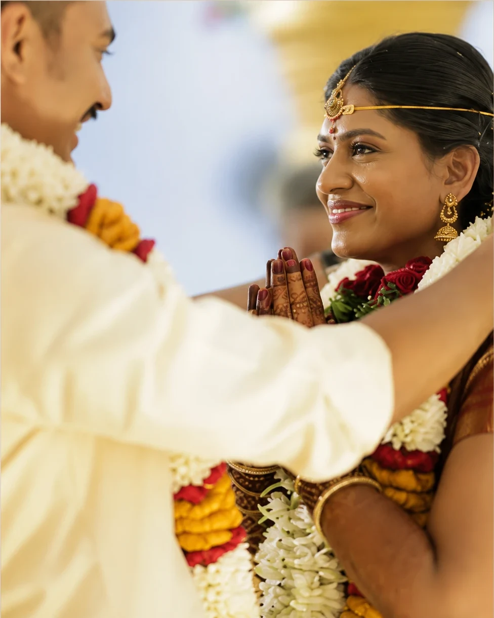 Bride smiling during a traditional wedding garland ceremony