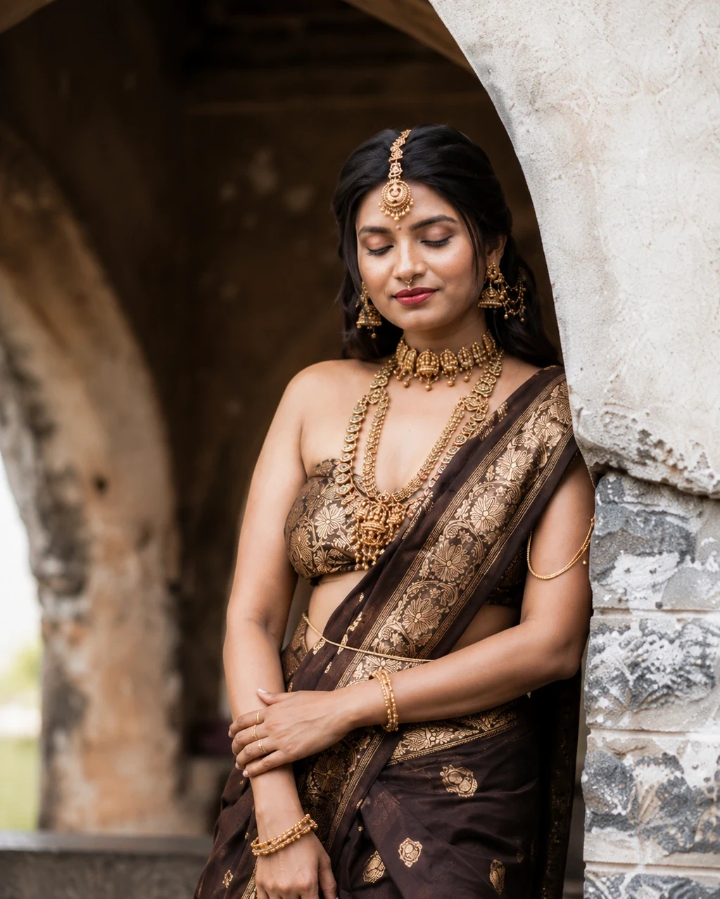 Calm bridal portrait with eyes closed in traditional brown silk saree