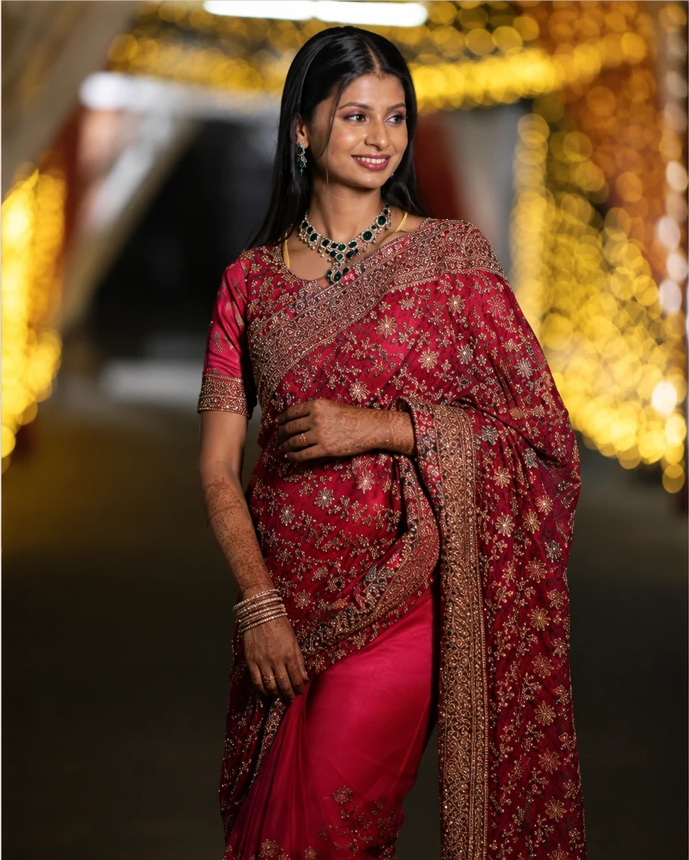 Reception portrait in red saree with soft golden bokeh lights