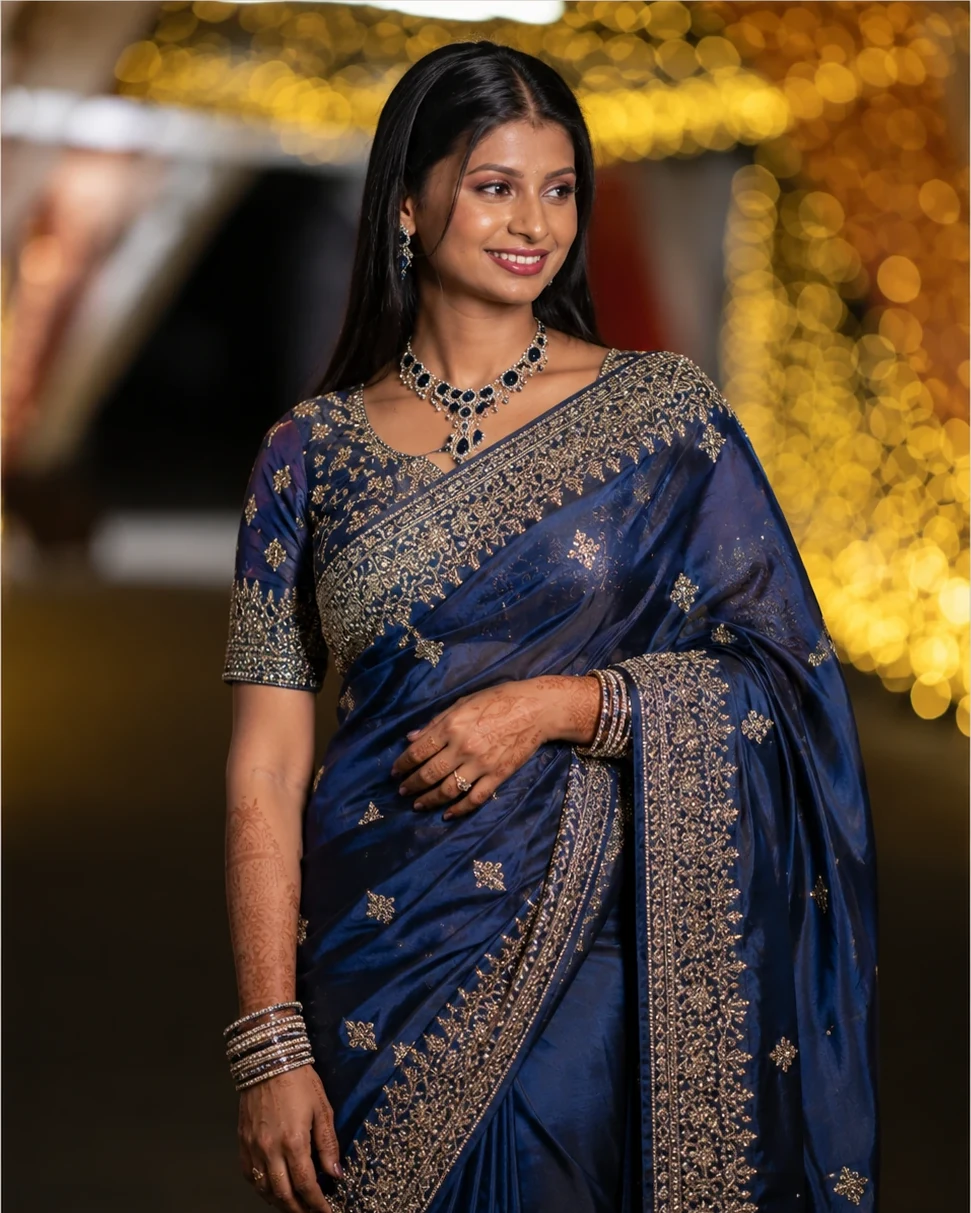 Reception portrait in royal blue saree with warm evening lights