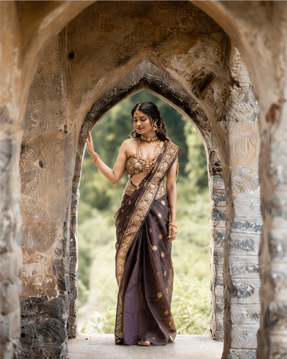Full-length bridal portrait framed by a heritage stone arch